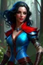 Placeholder: create an adult female air genasi from dungeons and dragons, black medium hair, light blue eyes, blue skin, wavy hair, wearing red leather clothing, very realistic, full body, digital painting, high resolution, forest background, a bit zoomed out