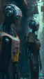 Placeholder: human-like robots in the slums of cyberpunk city, Show them facing the dangers of being robbed for parts as they navigate through the decaying environment, 4k, digital art