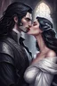 Placeholder: @Selene A couple from the dnd game curse of Strahd about to kiss but have not yet, fantasy style art, full color. She has long black hair that is wavy, and full lips. She is wearing an off the shoulder gown and is curvy and fuller figure. Strahd has black hair and white skin, and waring all black. very passionate. They are in a black castle. her gown is green but he is wearing black.