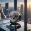 Placeholder: very close up of a very big luxury wrist watch with dark mirror glass stands on table in balcony skyscraper and reflects modern city environment image , to the camera ,centered.