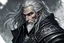 Placeholder: ancient grizzled, gnarled elf mage, he has long, grey hair streaked with black, highly detailed facial features, and sharp cheekbones. His eyes are black. He wears weathered medieval leather clothes. he is lean and tall, with pale skin, full body with thigh high leather boots and has a dark malevolent aura within swirling maelstrom of ethereal chaos in the comic book style of Bill Sienkiewicz and Jean Giraud Moebius in ink wash and watercolor