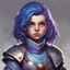 Placeholder: dnd, portrait of female halfling cleric, purpley blue hair.