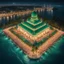 Placeholder: Hyper Realistic Aerial View of Lots of people worshiping outside a Huge-Beautifully-Crafted-Green-Mosque decorated with garland-lights & lamps between an island with ocean-water-waves at night with dramatic-&-cinematic-ambiance