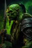 Placeholder: portrait of a green skinned orc warrior. braided hair. wearing ornaments. Carrying a battleaxe. High resolution. 4K. 8K. Fantasy style.