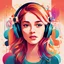 Placeholder: "Generate a charming vector illustration of a young women face . She should be wearing headphones, and the background should feature a colorful and inviting study room with elements that exude a sense of music. Emphasize a warm and soft and hard colors delightful details. Capture the young girl as she enjoys slow music