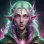 Placeholder: Generate a dungeons and dragons character portrait of the face of a female eladrin. She is a night eladrin fey-elf with vivid pink eyes and light green hair that is long and worn down slightly curled around her face. She is a sorcerer and wears a hood adorned with constellations.