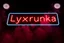 Placeholder: A simple neon sign labeled "Lyxrunka" black background and bold red font, smoke and strobes