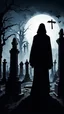 Placeholder: A silhouette in a white robe stands on a scary cemetery in horror film style