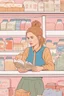 Placeholder: In the music video, a 23-year-old woman with brown/blonde hair and bright blue eyes. she has a messy bun. Standing in the freezer section of a supermarket. Reading a book. you can see it is cold. Wes anderson style. She is sitting in a cosy sofa with a small table next to her and a lamp. People are shopping near her. The freezers are behind her. There is only one book. You can see the shoppers next to her. The colors are green and orange. It is a happy vibe. she stands in between the products.