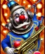 Placeholder: mechanoid old friendly fat clown with trimmed beard playing jazz with a steampunk theme, trumpet, realistic