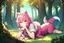 Placeholder: Forest, girl, pink hair, dog tail, sit on all fours, fur on foot and hand, paw