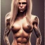 Placeholder: Very muscular woman with long blonde hair and tribal tattoos wearing a torn teeshirt