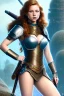 Placeholder: concept illustration, super-detailed, strikingly beautiful teen female, 16 years old, waifu, long ginger hair, medium freckles, full lips, full body, full face, b-cup breasts, athletic, centred camera, ignore NSFW, skimpy brown fantasy leather armor, halter top, micro thong, knee-high leather boots, open leather tasset, stern expression,