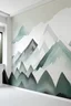 Placeholder: Paint HANDPAINTED WALL MURAL WITH mountain-like triangles in varying heights and sizes, creating a dynamic and visually striking landscape. Color Palette: Alpine white, misty grey, mountain green, sky blue