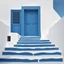 Placeholder: Minimalist abstract cyanotype photo of stairs outside a Greek house