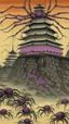 Placeholder: A purple citadel with spiders designed in Javanese shadow puppets painted by Utagawa Hiroshige
