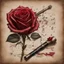 Placeholder: Hyper realistic red rose on a vintage paper with harmonica instrument & musical notes