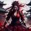 Placeholder: Tall girl samurai, face distorted with pain, screaming, tears streaming from eyes, siting pose, fullbody, splashes blood, behind guts rising from the ground, intricate, darkred tones, macro photography,