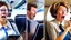 Placeholder: double scene left with with angry lady at home on phone and the right with happy male airline representative on the phone