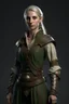 Placeholder: beautiful female on her thirties high elf ranger wearing medieval clothes with hands behind her back