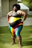 Placeholder: Massively obese black woman with a beard wearing a skin-tight rainbow swimsuit with a a tutu. Photograph.