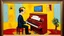 Placeholder: Lonely pianist, folk art surreal; mid-20th century naive art, abstract,