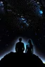 Placeholder: Black background on a mountaintop. A silhouette of a fit human man and a silhouette of a fit human woman sitting close to each other, looking at the stars.