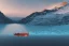 Placeholder: highly detailed glacial lake landscape, sunset, cinematic lighting, 4k, 8k, octane render, trending on 500px, pinterest, extremely detailed, ambient lighting, single frame, tiny kayak in foreground