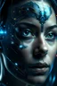 Placeholder: beautiful cyborg face, blue data and numbers flying around, cyborg face, an enchanted technological portal from the future, journey into the healing power of nature, photorealistic, perfect composition, cinematic shot, intricate details, hyper detail