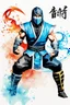 Placeholder: Sub Zero from Mortal Kombat, ink artistic conception, with typography elements, abstract, complementary colors, simplicity, Chinese painting, white background, 8k,