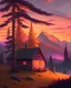 Placeholder: A serene landscape with a small cabin nestled between two trees. The sun is setting in the background, casting a warm glow over the scene. The sky is filled with shades of orange, pink, and purple, while the trees are painted in shades of green and brown. In the distance, there are mountains covered in mist. The cabin has a small porch, and a light is visible through the window.