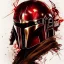 Placeholder: photorealistic the mandalorian helmet, illustration by <agnes cecile> <Yoji Shinkawa>, ornate and intricate details , soft smooth lighting, blood red and gold colormix, concept art, black satin background