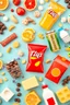 Placeholder: A design filled with fruit juice, puffs, chips, soda, various chocolates, shopping carts, cheese, butter, pasteurized milk, and dairy products in bright, cheerful, and eye-catching colors.