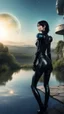 Placeholder: Fantasy Photo Of A Woman With Black Hair, Wearing A robot-looking catsuit, standing sideways On A Ledge next to a Pond, With A Planet rising Behind Her Head