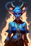 Placeholder: A full body image of this tiefling woman she has fire powers, she is floating she has lots of jewelry and the horns of a ram