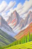 Placeholder: colored pencil drawing, realistic, pencil, mountains