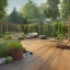 Placeholder: a gorgeous, stunning garden deck with wood walls, rustic floor, wicker furniture, tranquil pool surrounded by smooth stones, multiple lit candles, plants, cozy, 8k resolution, high-quality, fine-detail, digital art, detailed matte, volumetric lighting, illustration, 3D octane render, brian froud, howard lyon, selina french, annie stokes, lisa parker, greg rutowski