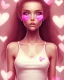 Placeholder: girl, happy, smiling, surrounded by hearts, brown hair, long hair, brown eyes, close up portrait, pink top