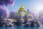 Placeholder: a magical crystal flower magnolias wisteria blue gold house russian palace castle in the woods, magnolias pink,blue lake,sun,white swanns,pink vertical, blue lake,sharp, vines, candlelit, endor, ornate, elegant, highly detailed, artstation, concept art, smooth, sharp focus, illustration, 8k, splash art, wallpaper, key visual