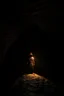 Placeholder: character in semi-darkness, on the scree cone of an underground room dimly lit by daylight coming from a well located forty meters above.