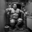 Placeholder: full figure shot photography, ugly turkish chubby plumber repairs boiler, burly, shirtless, hairy allover, manly chest, muscular big beefy 40 years old, dressed in boxer, big thighs, seen from below, frontal view, ambient occlusion, side light