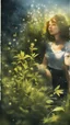 Placeholder: Alva in the garden ,lotsa wild weed, in spotlight, magazine cover illustration with spray paint, signed, bokeh like, down-light, unreal engine, prize winning
