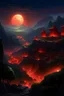 Placeholder: View of an ancient walled city sitting in a valley as viewed from the rim of the valley, the city is lighted by torches placed along the walls with windows high upon the wall, One window has a scarlet cord draped out reaching the ground, the sky is dark and surrealistic with planets and moons on the horizon, the rim of the valley has armored soldiers laying in wait while 2 spies work their way down to the outside of the city wall where the scarlet cord hangs from the window above