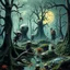 Placeholder: Odd swamp landscape with odd beings, surreal abstract Max Ernst style, Tim Burton, Harry Potter, 120mm photography, sharp focus, 8k, deep 3d field, very detailed, volumetric light, very colorful, ornate, F/2.8, insanely detailed and intricate, hypermaximalist