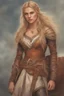 Placeholder: A drawing of beautiful woman with blond hair, viking braids Brown leather armor. Horse