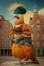 Placeholder: Pregnant Half parrot half human in a old 1700s orange Dutch uniform in front of a Dutch city