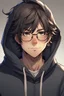Placeholder: Anime man with glasses, messy hair, wearing a hooded sweatshirt, slight smile, realistic