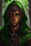 Placeholder: Young male wood elf, rogue, brown skin, bright green eyes, mauve hair, hooded black leather, shy, trees, stoner