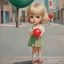Placeholder: 1970s, blond Little girl , in the style of Margaret Keane, she is standing in the street, red balloon , green Adidas shoes