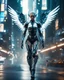 Placeholder: A full length Beautiful humanoid Angel mixed with a body cyborg,driving motorsports futuristic on street futuristic cyberpunk city night, 8k ultra detail photography